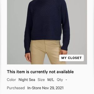 Lululemon Texture Play Crew Sweater, M/L, navy/blue, originally $138